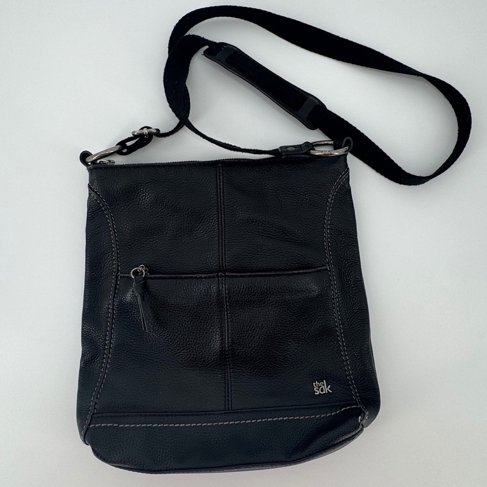 The Sak Lucia Black Pebbled Leather Crossbody Bag Medium Contrast Stitching